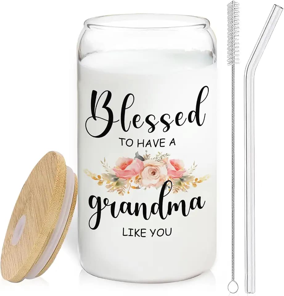 Floral Grandma Glass Cup with Lids and Straws 14oz, Best Mother's Day Birthday Gifts for Grandma from Grandkids, Grandmother Gifts Glass Iced Coffee Tumbler Drinking Jars with Cleaning Brush