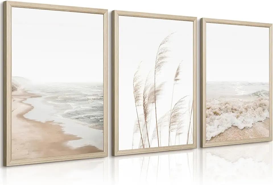 Beach Wall Art Boho Prints Coastal Canvas Wall Art Beach Pictures Pampas Grass Ocean Poster Plant Landscape Beach Scene Artwork for Living Room Bedroom Decor 12x16x3 Inch Wood Framed