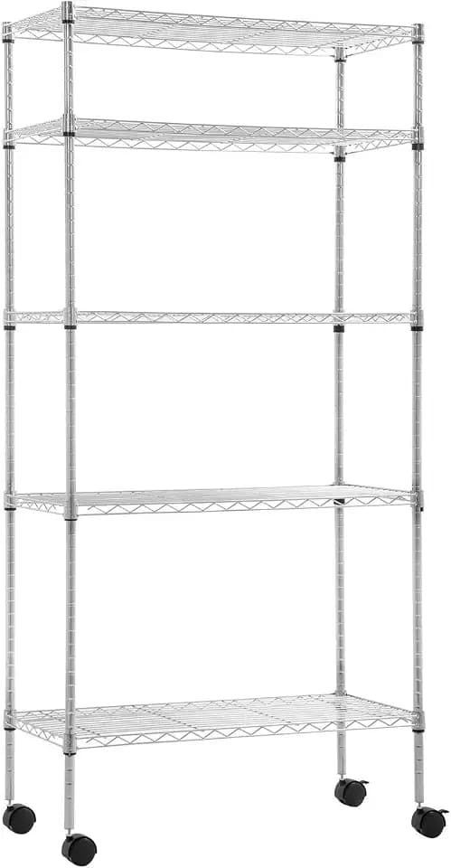 BestOffice | 5-Tier Wire Shelf with Wheels | 14" x 30" x 60" | Chrome