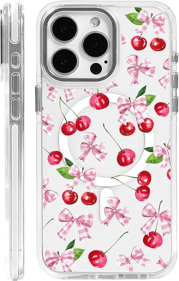 Case for iPhone 16 Plus - Cherry Bowknot Design On Clear Base, Compatible with MagSafe, Slim Protective Soft TPU Bumper, Magnetic Phone Cover for Women Girls Case for iPhone 16 Plus White