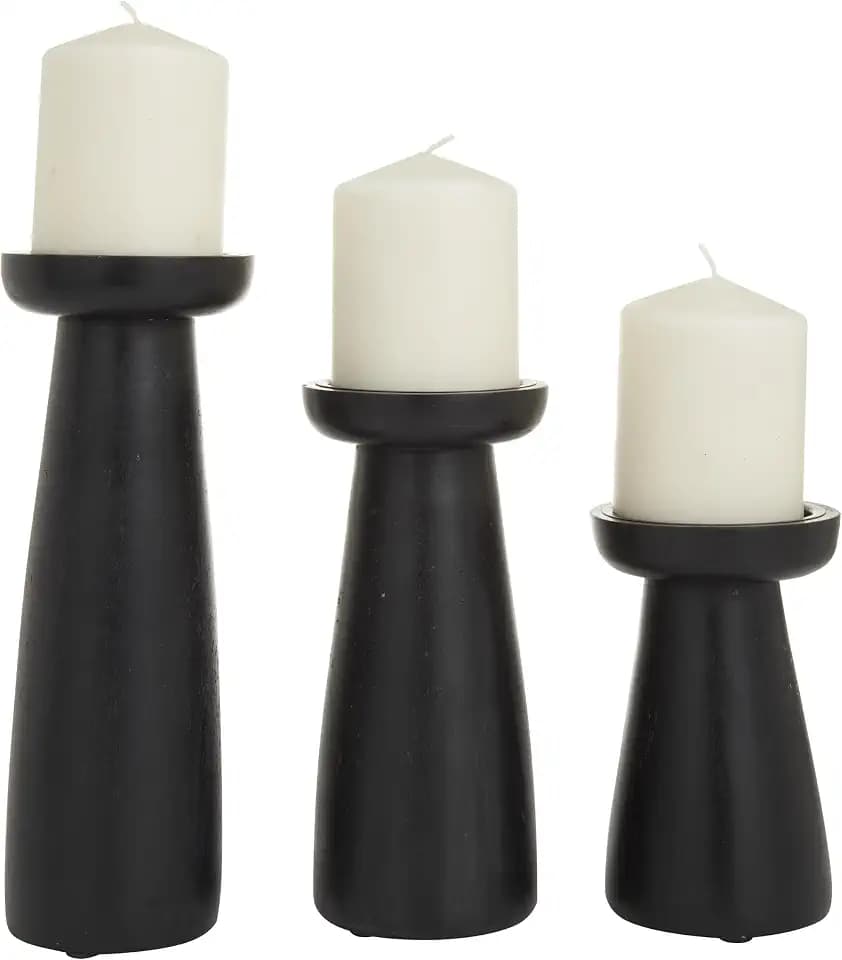 Deco 79 Mango Wood Decorative Candle Holder Pillar Candle Stand, Set of 3 Candlestick Holder 10", 6", 8" H, Black