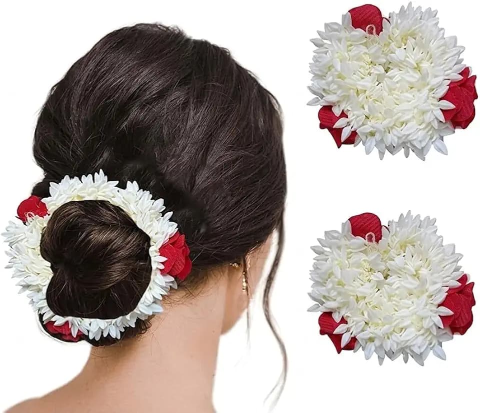 IGH Scented Mogra Gajra Hair Scrunchie for Women - Red (Pack of 2) Artificial Flower Bun Accessory White Jasmine Floral Hair Bun Cover Rubber Band