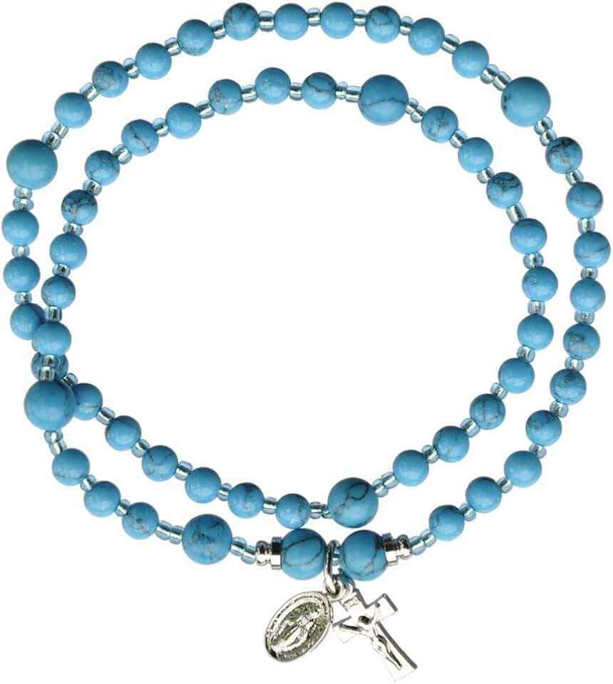Sine Cera Turquoise 5 Decade Catholic Twisting Rosary Bracelet, Smooth 4mm Beads