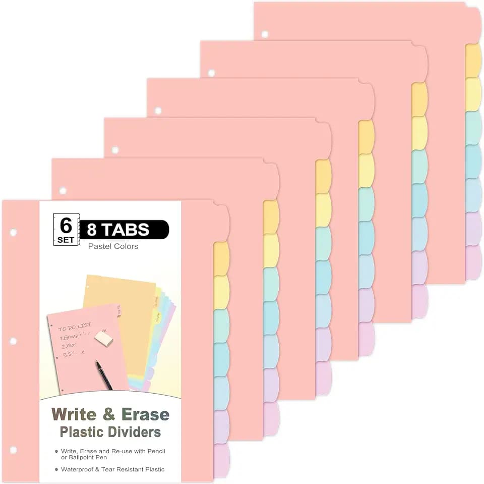 48 Count/6 Sets Write & Erase Binder Dividers with Tabs, Plastic 8 Tab Dividers for 3 Ring Binder Letter Size, Separators for Student School Home Office Document Organizer, Pastel