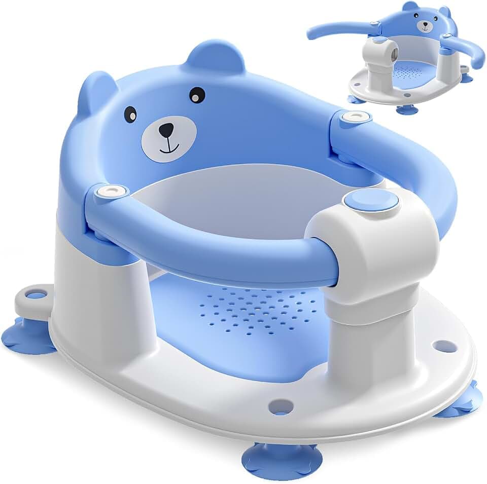Badewannensitz Baby ab 6 Monate, Bär Rutschfester Badesitz Baby mit 4 Saugnäpfen und Kissen für Kleinkinder und Neugeborene, Sicherer Tragbarer Badstuhl für Dusche oder Badewanne, Blau