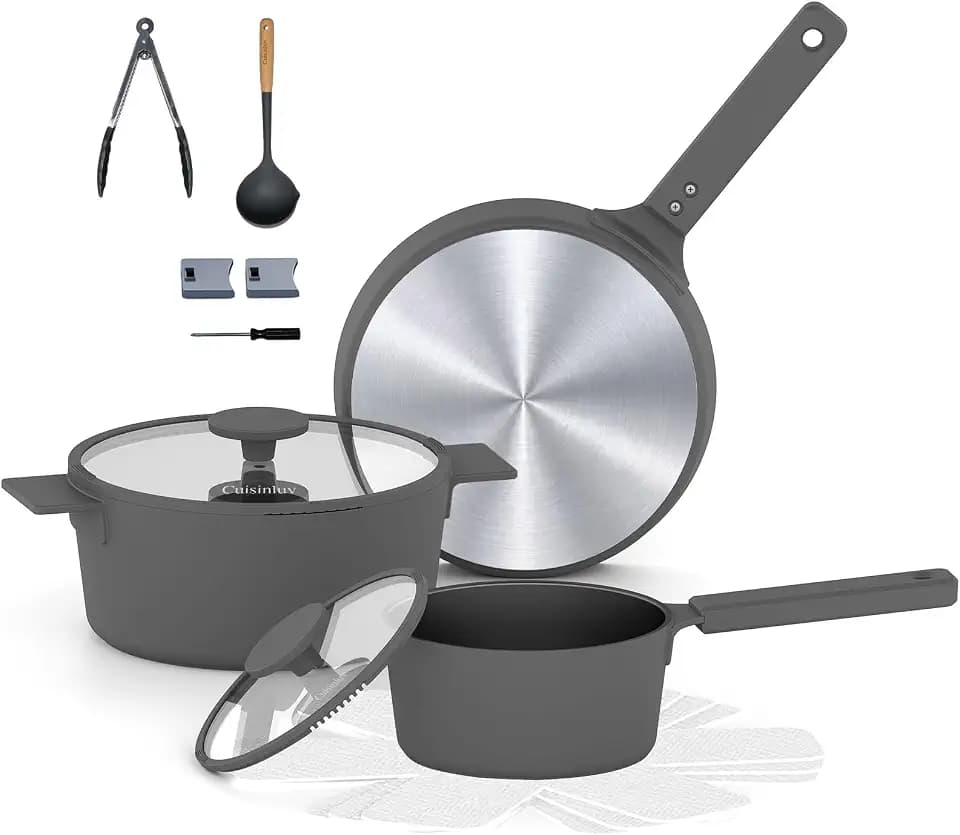 13-Piece Cookware Set with Built-in Strainer Lids – Patent-Protected Design, PFAS-Free Nonstick, Dishwasher & Oven Safe, Induction Compatible, Grey