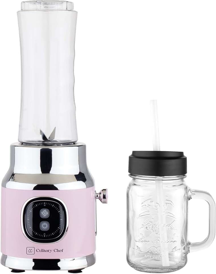 Culinary Chef, 300W Smoothie Maker Blender with 500ml Glass Mason Jar & 600ml BPA-Free Sports Bottle, Personal Smoothie Blender for Smoothies, Shakes, Frozen Fruit & Ice, Pink