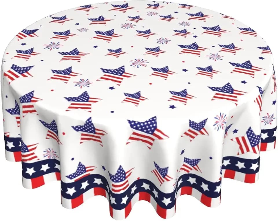 4th of July Round Tablecloth 60 Inch Round Patriotic Festival Holiday Table Cloth Water-Resistant Spill-Proof Washable Fabric Table Cover for Kitchen Dining Party Picnic Indoor Outdoor