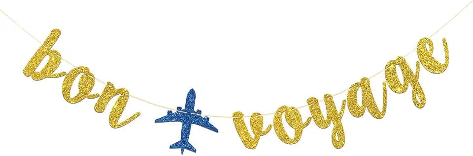 Bon Voyage Banner - Travel Theme Party Bunting Supplies - Job Change - Retirement - Moving - Farewell Party Decorations - Gold Glitter