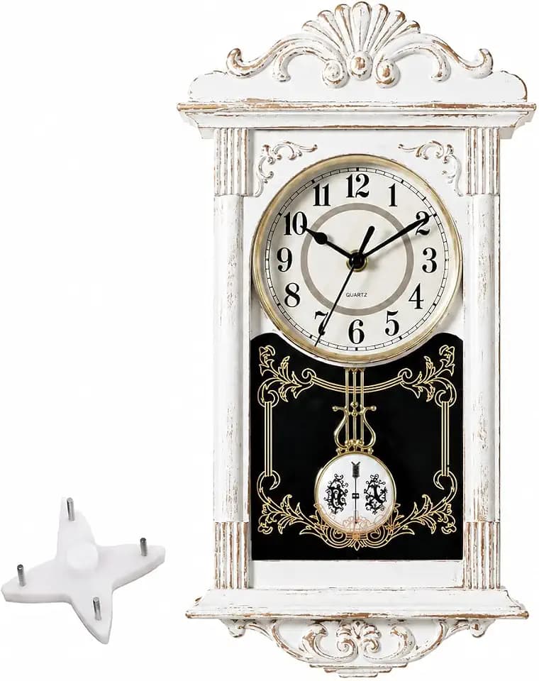 Clockswise Vintage Grandfather-Style Wall Clock with Wood-Effect Plastic Pendulum, Battery-Operated - for Home Decor, Living Room, Home Office, Kitchen or Dining Room (White)