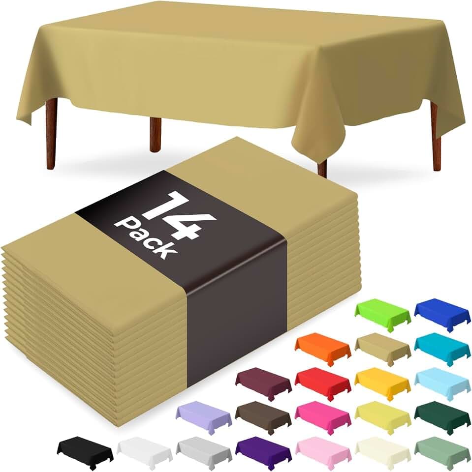 14 Pack Gold Plastic Table Cloth 54in x 108in Disposable Rectangle Plastic Table Cover for Parties (Gold, 54" X 108" Rectangle)