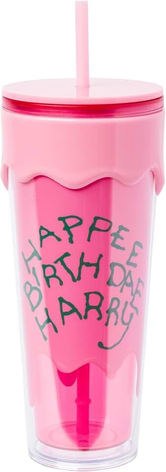 Silver Buffalo Harry Potter “Happee Birthdae Harry” Plastic Drip Tumbler, 26 Ounces