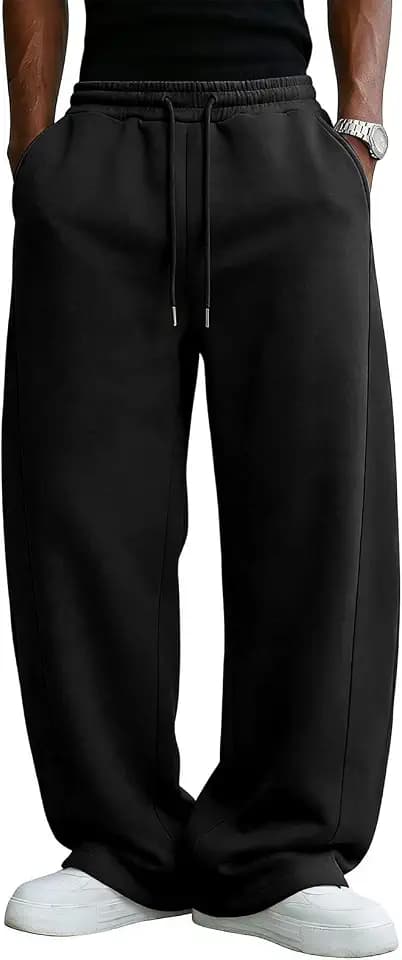 Men's Baggy Sweatpants Cotton Fleece Wide Leg Lounge Sweat Pants Drawstring Waist Jogging Pants with Pockets