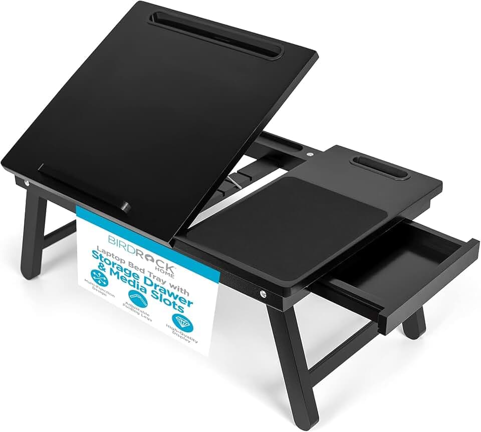 Sofia + Sam Laptop Bed Tray w/Storage Drawer| Adjustable Folding Legs & Mouse Pad | Portable Computer Desk - Laptops Up to 15" - Tablet Up to 9.6" | WFH, Wooden Study Table - Couch & Bed | Espresso