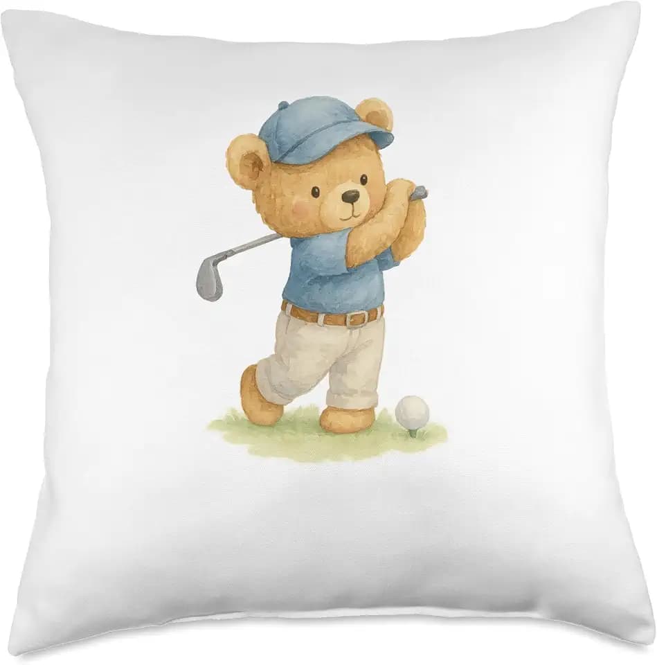 Watercolor Teddy Bear Playing Golf in Blue Outfit Throw Pillow