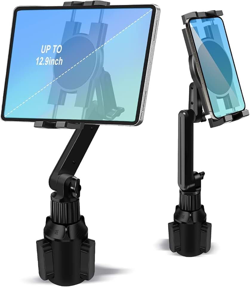 Cup Holder Car Tablet Mount for Truck, 360° Adjustable 15" Long 2-Arm Stand Holder for iPad Pro 12.9/11/10.5/9.7/Air/Mini 6/5/4, Samsung Galaxy Tab/Z Fold 4/3, iPhone 15/14/Pro, 4.7-12.9" Tab &Phone
