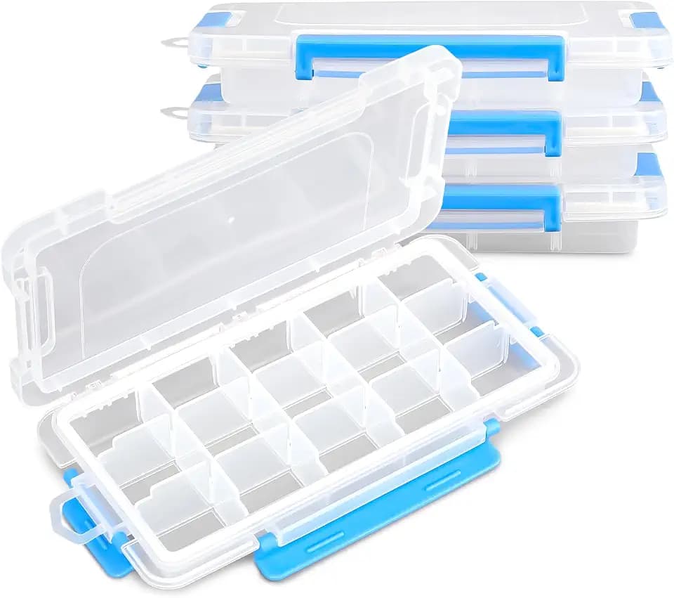 MoNiBloom 15-Grid Small Tackle Boxes Organizer with Removable Dividers Adjustable Compartment Clear Plastic Storage Box Waterproof Container Case for Fishing Tackles, Art Craft, Bead, Jewelry (4-Pack)