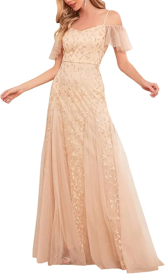 Women’s Long Formal Evening Gowns Off Shoulder Sequin Tulle Dress Prom Gown Bridesmaid Wedding Guest Dresses