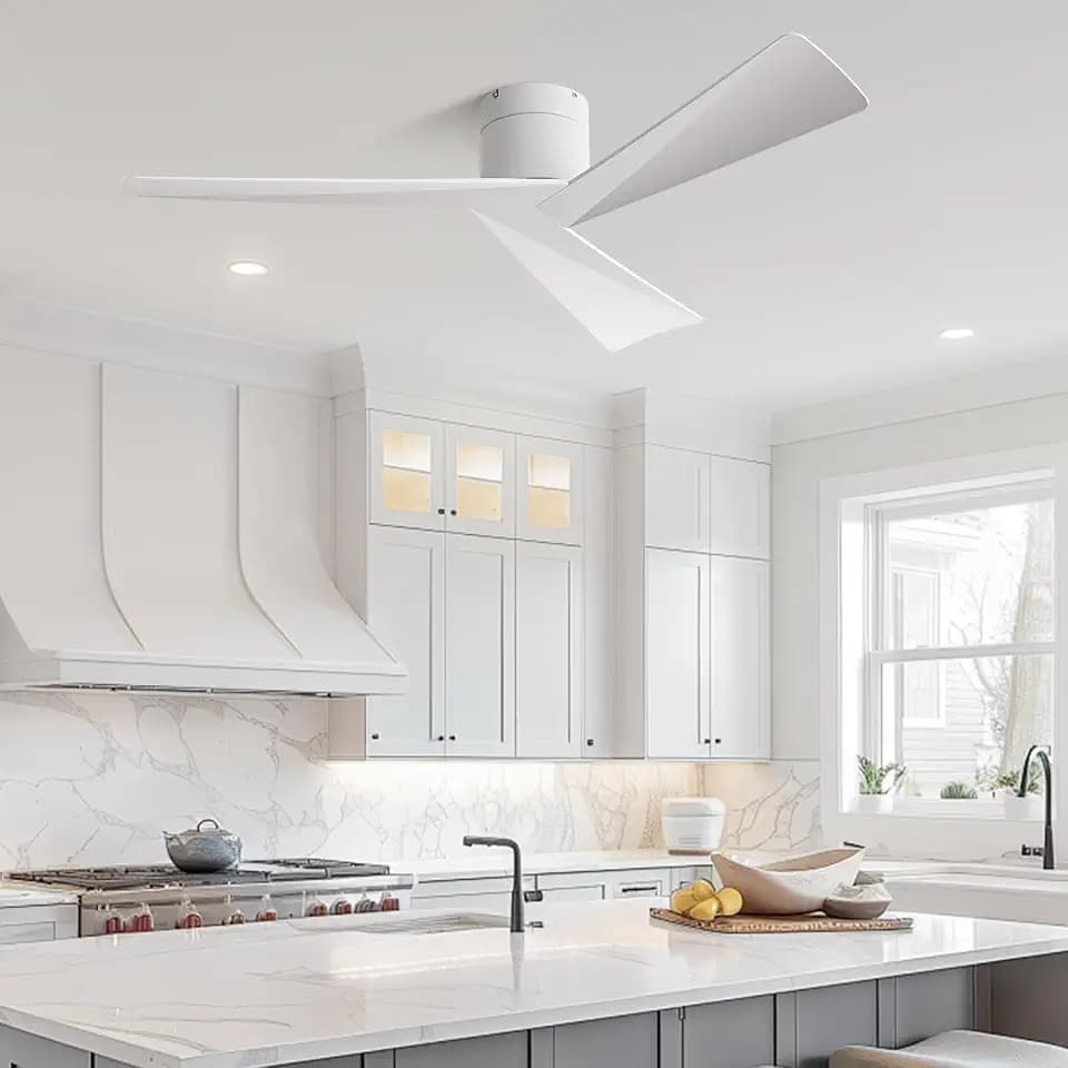 52 Inch White Flush Mount Ceiling Fan with Remote, No Light