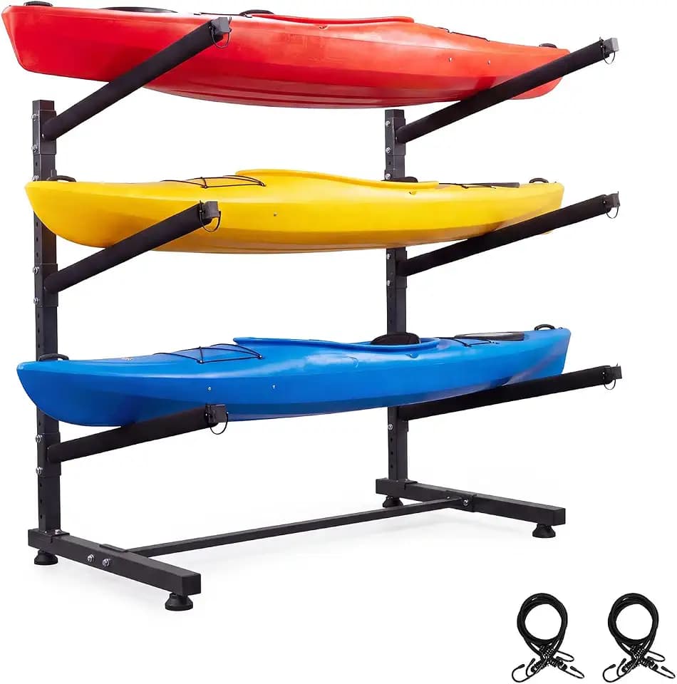 Bonnlo Kayak Storage Rack, Freestanding Kayak Stand for Indoor Outdoor Garage/Backyard/Shed, 165LBS Heavy Duty Adjustable Kayak Holder for Boat Dock, Kayak, Canoe, Surfboard & Paddleboard