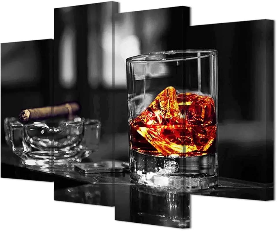 HOMEOART Canvas Prints Whisky and Cigar Picture Home Kitchen Bar Decor Black and White Cool Artwork Man Gift Kitchen Decoration 4 Panels Stretched Framed Art Ready To Hang