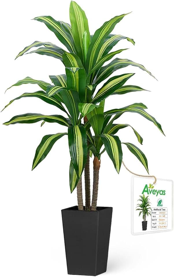 Aveyas 4ft Artificial Dracaena Tree for Home Decor, 4 ft Real Touch Large Faux Plant Fake Silk Floor Trees with Pot for Indoor Outdoor House Living Room Office (4 Feet Tall Including Raised Pot)