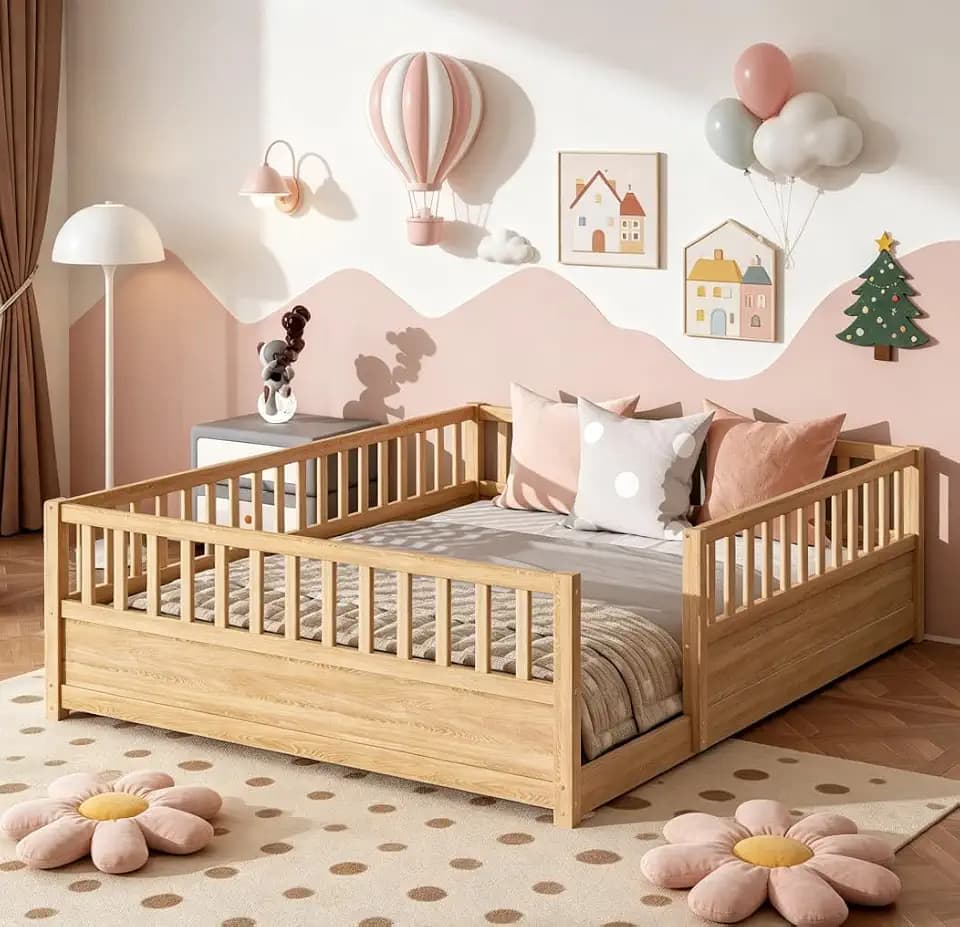 Bellemave Queen Floor Bed with high Fence, Solid Pine Wood Queen Montessori Bed for Kids Girls Boys Floor Bed Frame, Natural with slats