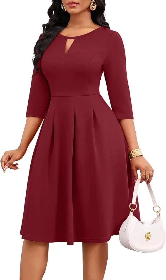 Nmoder Elegant Vintage Dresses for Women, 3/4 Sleeve Keyhole Swing Casual Work Midi Dress with Pockets