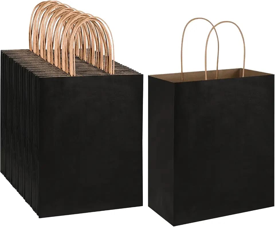 Oikss 100 Pack 8x4.75x10 inch Medium Kraft Paper Bags with Handles Bulk for Birthday Wedding Party Favors Grocery Retail Shopping Takeouts Business Goody Craft Gift Bags Sacks (Black)