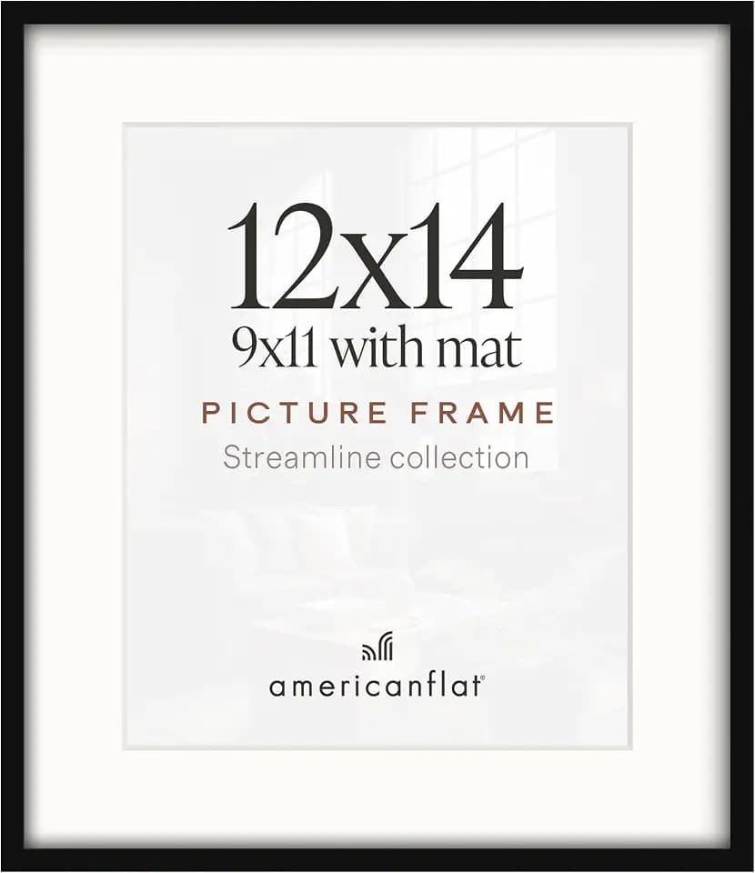Americanflat 12x14 Picture Frame - Matted to 9x11 - Slim Molding - Black