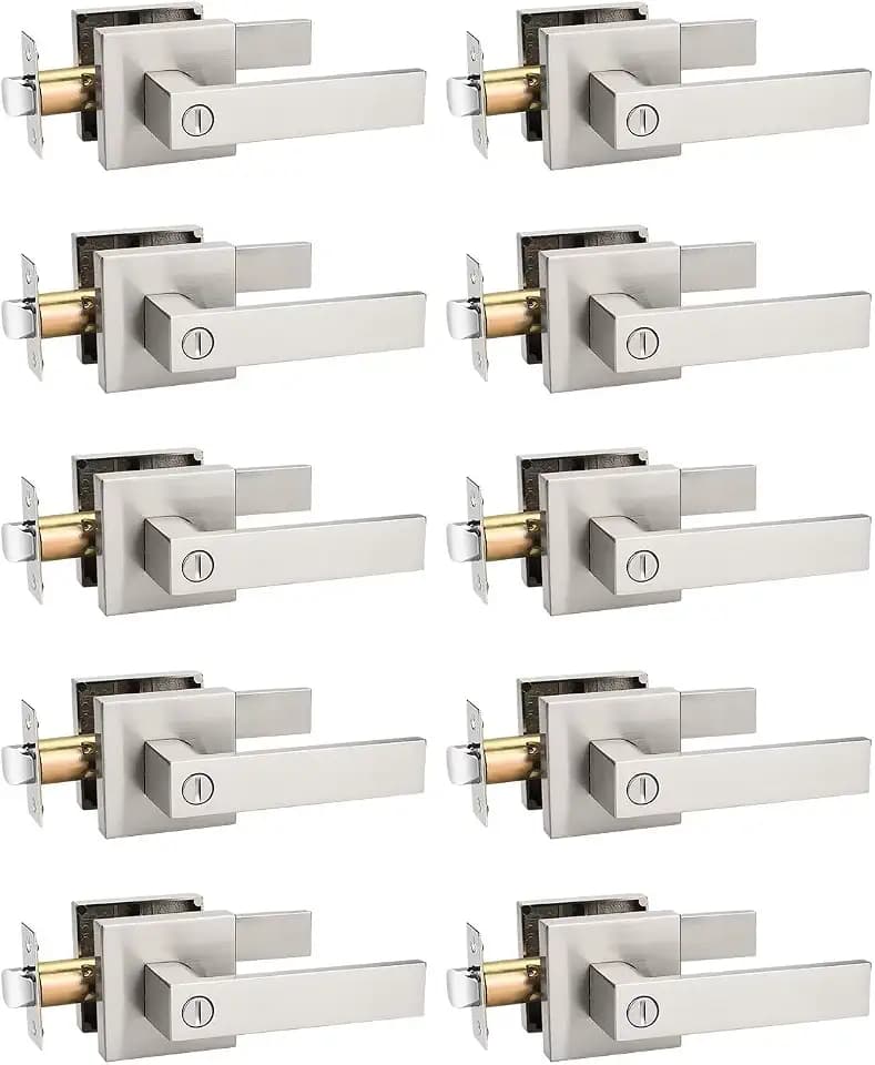 Tinewa 10 Pack Privacy Square Brushed Nickel Door Handles Interior, Keyless Door Knobs for Bedroom/Bathroom, Reversible for Left Right Handed Doors