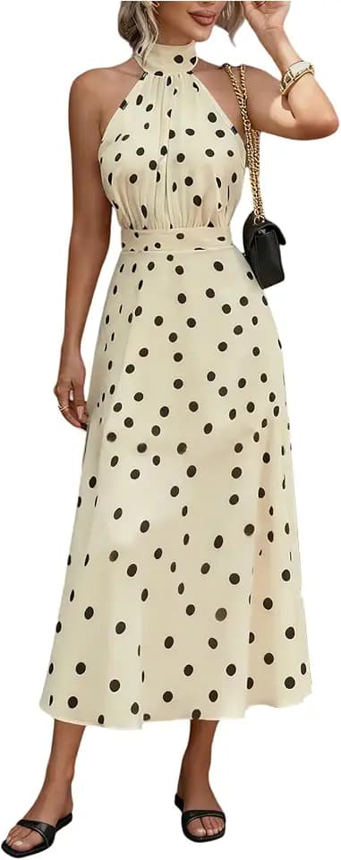 Floerns Women's Polka Dots Long Dress Halter Neck Sleeveless A Line Wedding Guest Dresses