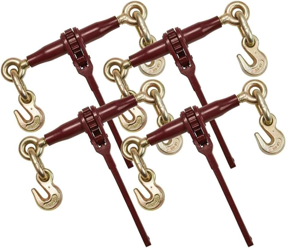 4 Pack 3/8" - 1/2" Pro Heavy Duty Ratchet Load Chain Binder with with Grab Hooks - 12,000 Lbs Working Load Limit - Heavy Swaged Barrel Cold-Drawn Tubing for Increased Strength