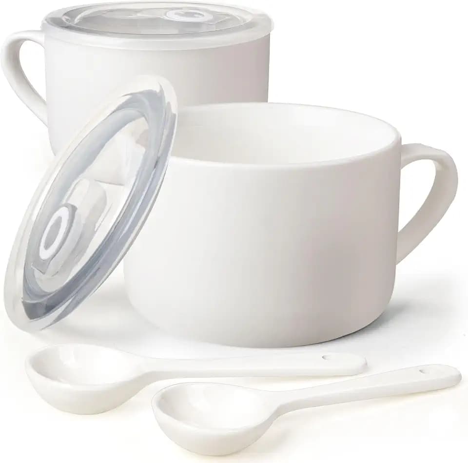 Soup Bowls with Handles & Spoons, 30oz Ceramic Ramen Bowl with Lid, Large Soup Mugs/Cups for Instant Noodle, Big Cereal Bowls for Oatmeal, Soup Containers with Lids, Set of 2, White