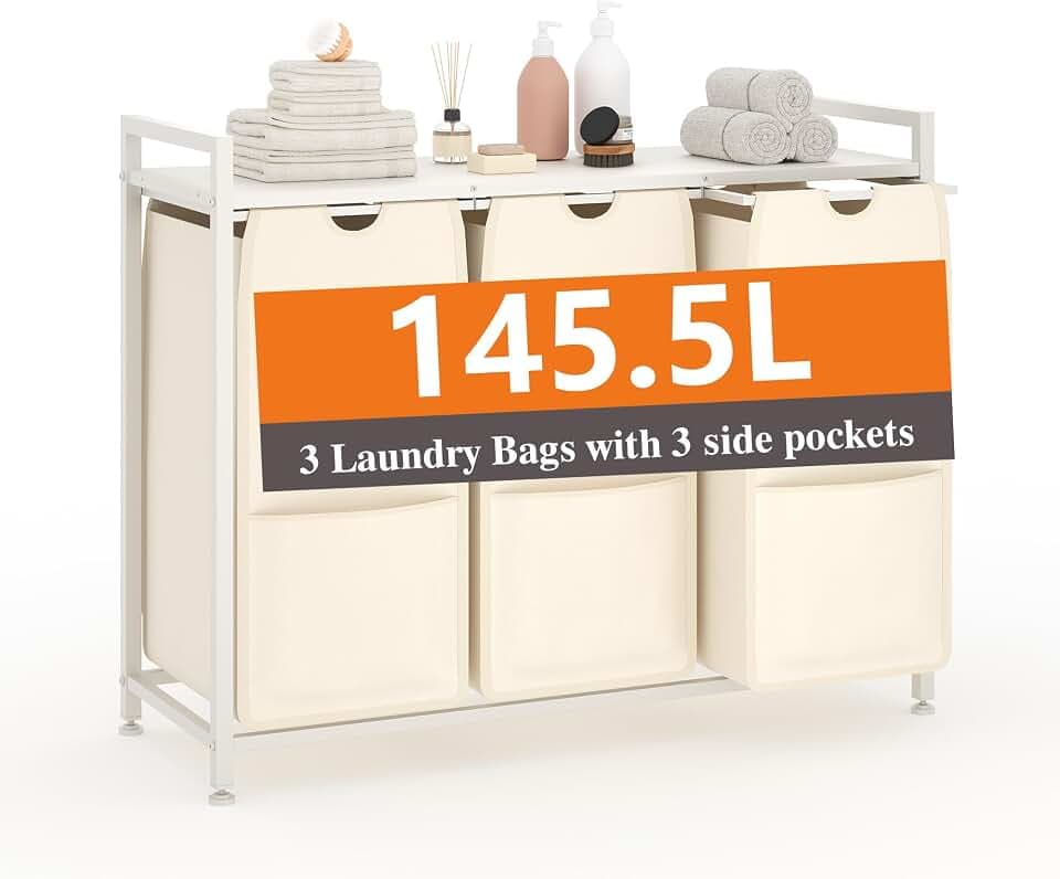Garvee Laundry Basket Organizer, Laundry Hamper with Shelf & 3 Pull-Out Removable Oxford Fabric Bags, 3 x 12.8 Gal (48.5L), Dirty Clothes Basket Organizer for Laundryroom, Bathroom, Bedroom