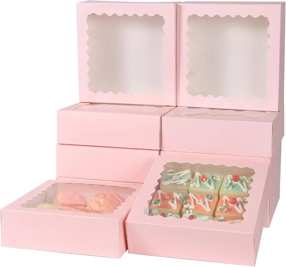 50 pcs 8x8x2.5 Inches Pink Bakery Boxes with Window, Cake Pastry Cookie Mini Pie Box for Pastry,Dessert,Strawberries,Chocolates (Pink)