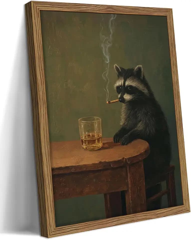 Framed Vintage Raccoon Wall Art, Moody Raccoon Canvas Prints, Funny Dark Academia Animal Poster, Classic Oil Painting Style Artwork, Whimsical Wall Decor for Living Room Bedroom Office 12x16in