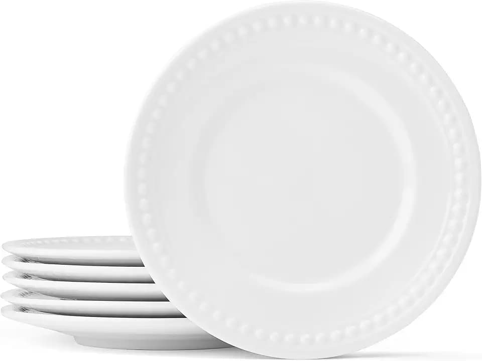 Fitz and Floyd Everyday Beaded White Porcelain Appetizer Dessert Plates, Set of 6, 6 Inch
