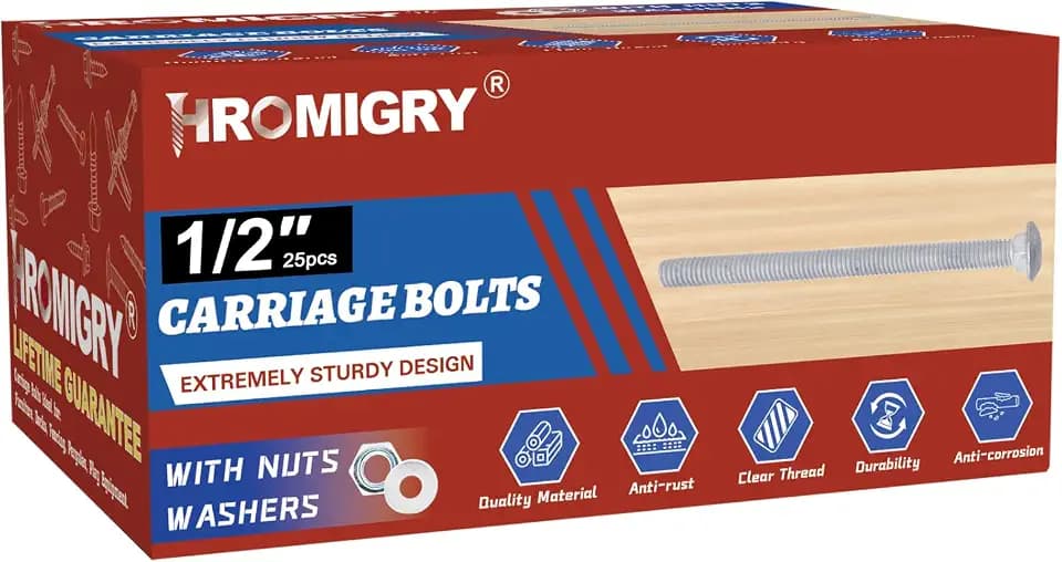 1/2" x 4" Carriage Bolts (25 PCS), Hot Dip Galvanized, Heavy Duty Round Head with Washers and Nuts