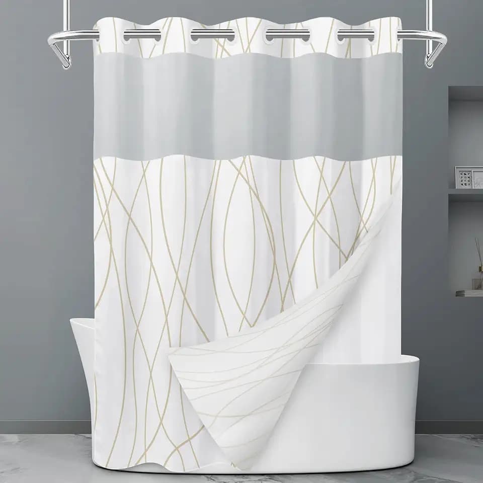 LXBNI Beige Khaki Ringless Shower Curtain with Liner, 71 x 74 Inch