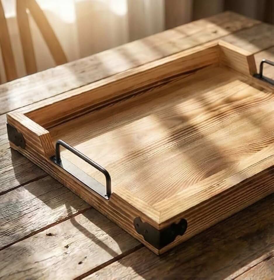 Wooden Rustic Large Serving Tray with Handles | Brown Pine Tree | Vintage Style | Unique Decorative Metal Corners | Ottoman & Outdoor Tray | Rustic Home Decor