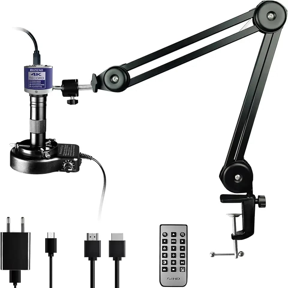 Digital Mikroskop, 48MP 4K 1080P HDMI Typ-C/USB Industrielle Video Digitales Mikroskop Kamera, 150X Zoom C-Mount Objektiv Klappbarer Ständer LED-Ringlicht Lötmikroskop für Elektronik-Reparatur