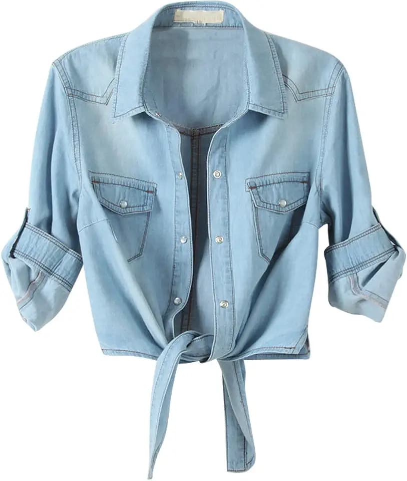 Women's Denim Shirt Roll Up 3/4 Sleeve Tie Front Knot Chambray Crop Top