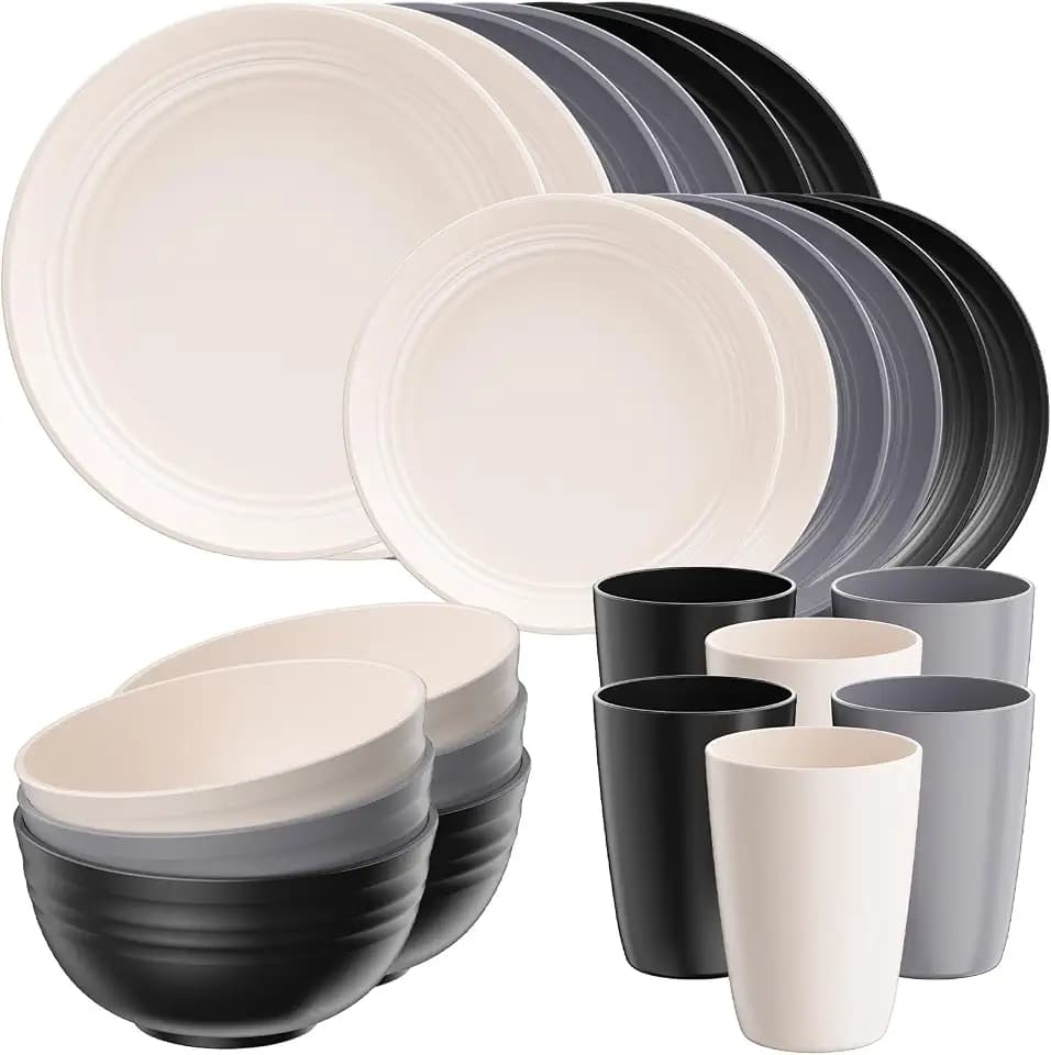 Quatish 24 Pcs Plates and Bowls Sets, Plastic Dinnerware Sets for 6, Grey