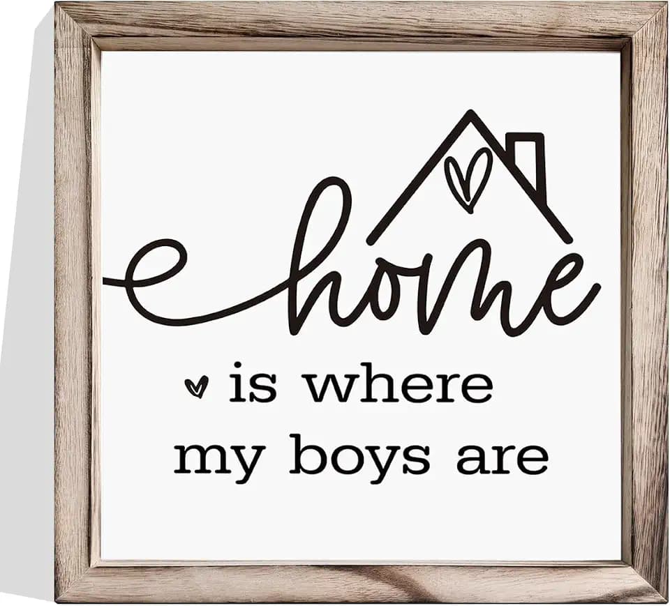 Home Sign, Home is Where is My Boys Are Sign, Decorative Wooden Wall Frame Decor, Farmhouse Wall Decor, Front Door Decoration, Gift for Mom from Sons, Framed MDF Hanging Wall Decoration