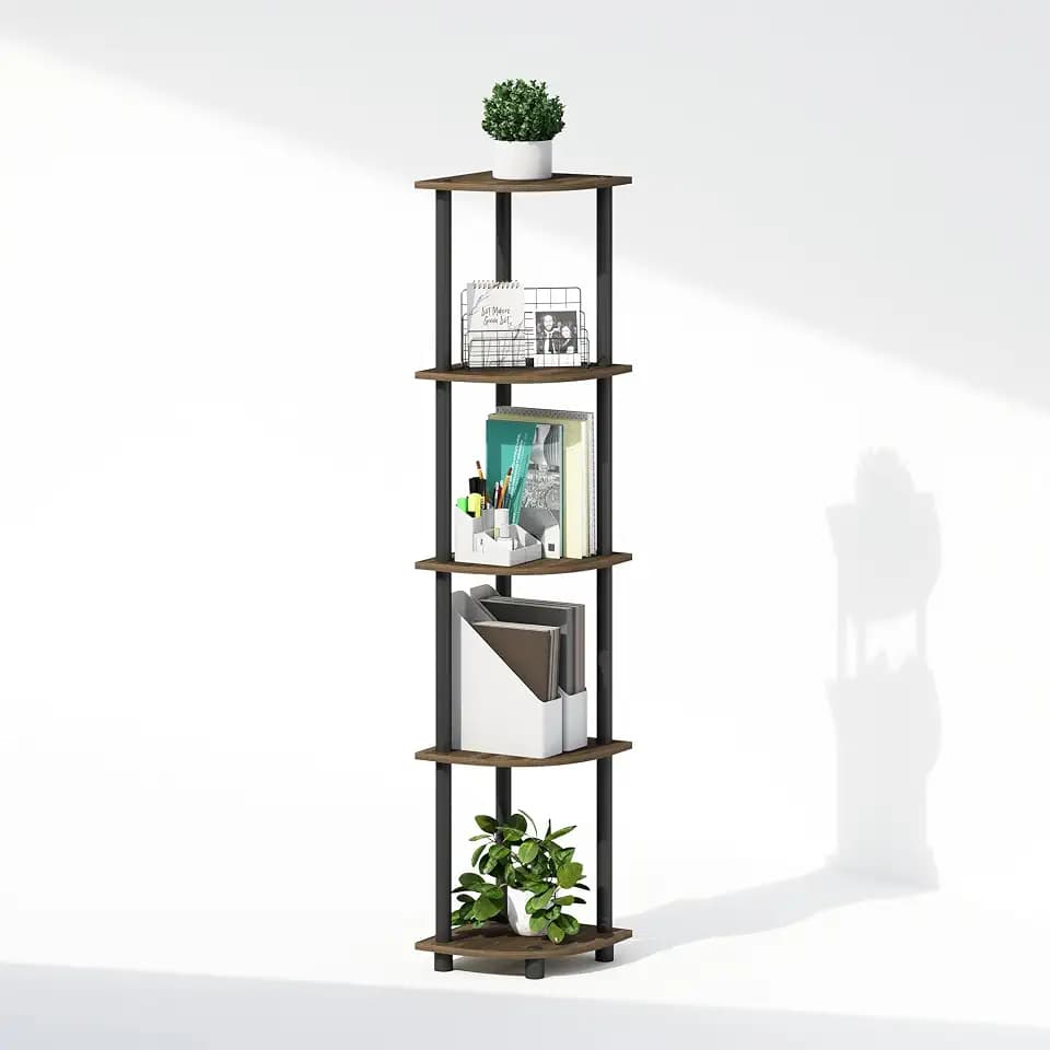 Furinno Turn-N-Tube Storage Shelves, 5-Tier Book Shelf, Corner Shelf with Open Shelves, Toollesss Assembly, for Organization and Storage, Living Room, Home Office, Hallway, Bedroom, Brown Walnut