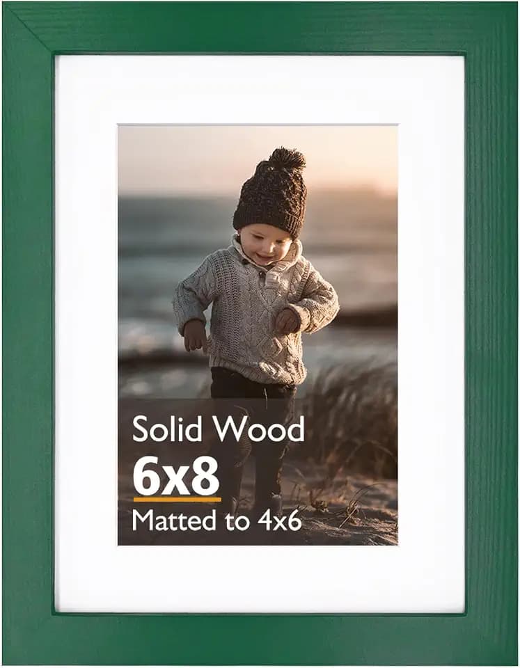 KINLINK 6x8 Picture Frame, Green Solid Wood Frame with Acrylic Plexiglass for Pictures 4x6 with Mat or 6x8 without Mat, Tabletop and Wall Mounting Display Photo Frame 1 Pack