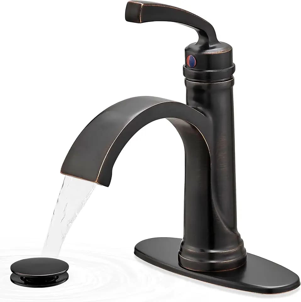 Brass Oil Rubbed Bronze Bathroom Faucet 1 Hole, Waterfall Bathroom Sink Faucet 4 Inch 3 Hole Single Handle with Pop-up Drain, Pre-Installed Water Hoses, Deck Plate for Farmhouse Vanity Sink