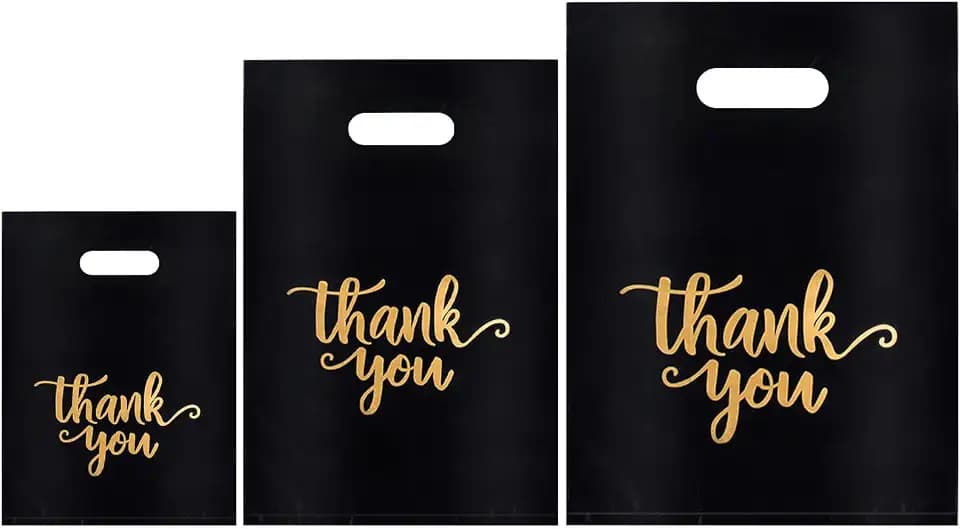 200PCS Thank You Bags for Small Business, Black 3 Sizes Plastic Shopping Bags with Handle, Thanks Boutique Goodie Gift Bulk Bag for Packaging Vendor Store Party Favor Clothes Purchase Retail Grocery
