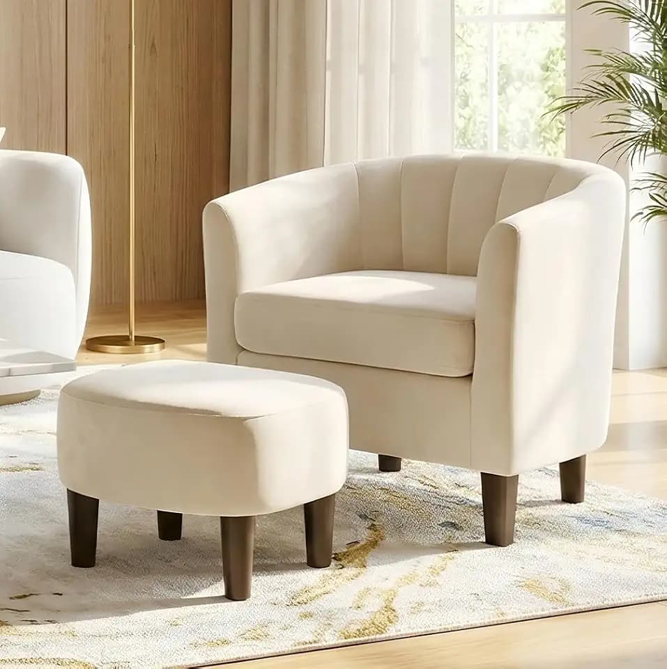 FDW Velvet Barrel Accent Chair with Ottoman, Modern Armchair with Ottoman Set, Comfortable Reading Chair for Living Room, Bedroom & Apartment Lounge, Beige